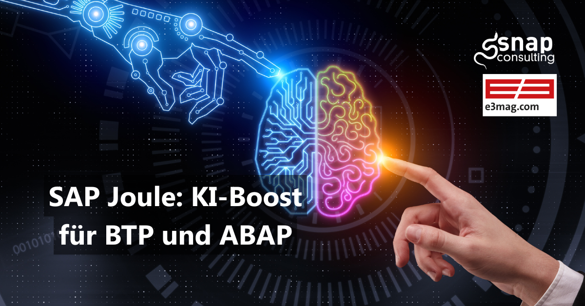 Ein gezeichnetes Gehirn von oben, es ist in zwei Hälften geteilt. Eine ist blau und elektronisch, die andere bunt und chaotisch. Darunter die Überschrift "SAP Joule: KI-Boost für BTP und ABAP"