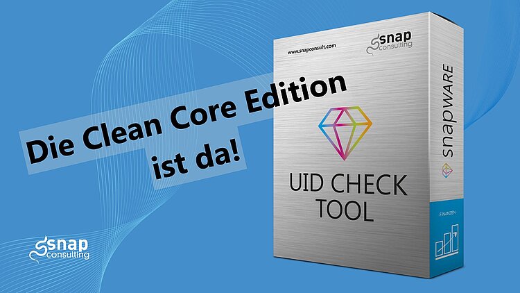 Eine snapWARE Box vor blauem Hintergrund. Die Überschrift liest "Die Clean Core Edition ist da!".