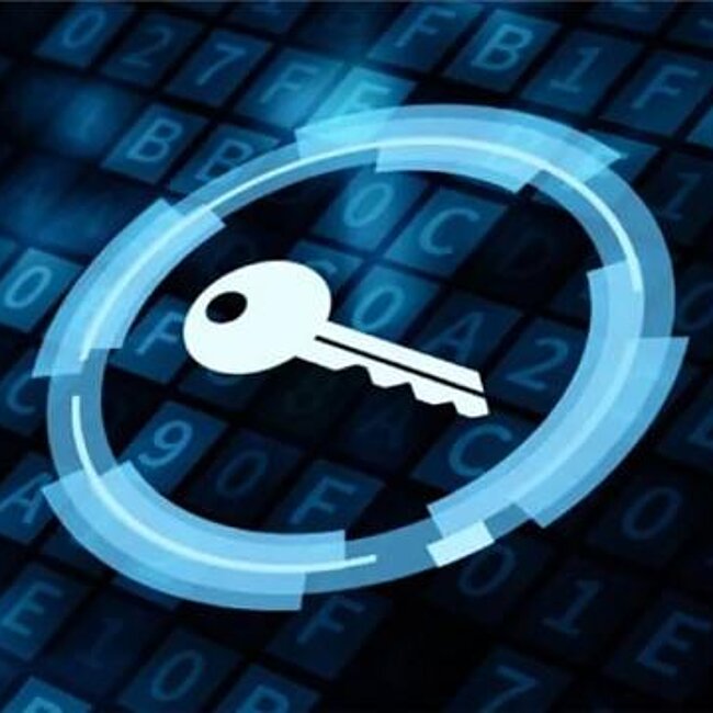 ein animierter Schlüssel umgeben von einem blauen Ring, dahinter sind Zahlen und Buchstaben abgebildet