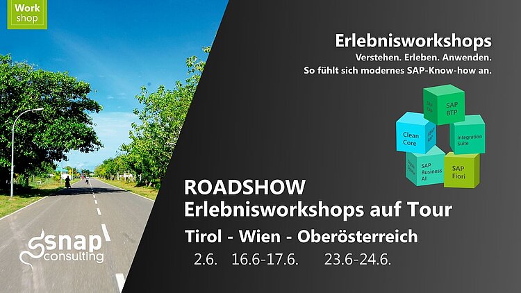 eine asphaltierte Straße bei hellem Tag, links und rechts Bäume, rechts der Titel "ROADSHOW - Erlebnisworkshops auf Tour"
