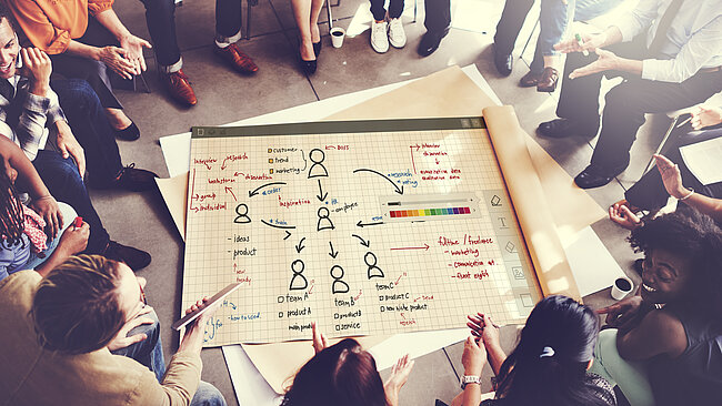 Ein Kreis von Menschen der auf einem mittig platziertem Flipchart etwas organisiert