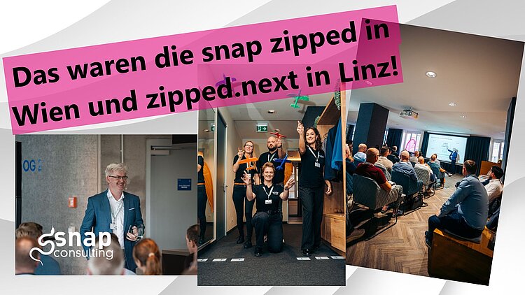 Fotos von den zipped Events, man sieht MitarbeiterInnen mit Spielzeugflugzeugen, Christian Knell bei einem Vortrag und ein volles Publikum