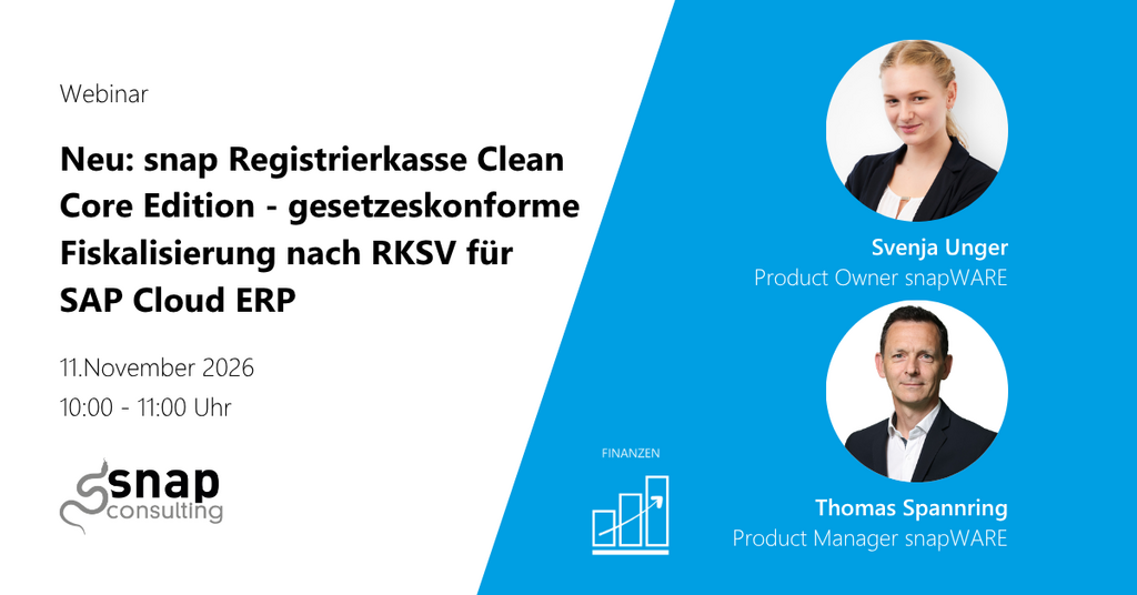Titelbild zum Webinar snap Registrierkasse Clean Core Edition