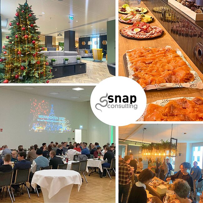 eine Fotokollage von Bildern: das Büro mit Weihnachtsbaum und geschmückt, fotos von unserer Weihnachtsfeier und vom Lachs