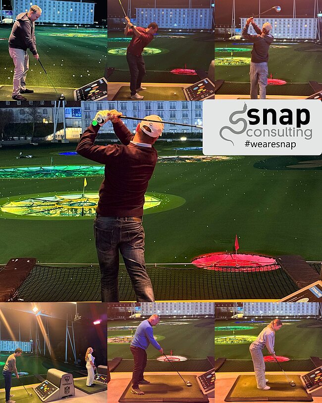 eine Kollage an Fotos von unseren Mitarbeiter*innen während sie bei Topgolf abschlagen