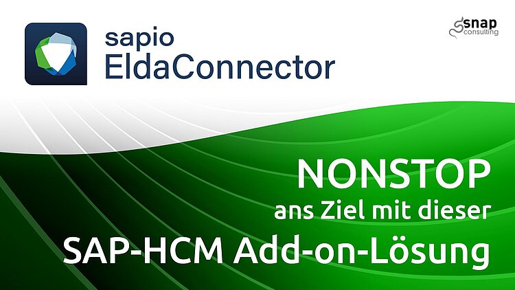 eine weiß-grüne Wellen-Grafik mit der Überschrift "sapio Elda Connector - Nonstop ans Ziel mit dieser SAP-HCM Add-on-Lösung"