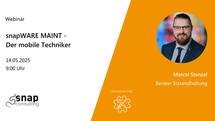 Ein Bild von Marcel Stenzel, daneben die Überschrift "snapWARE MAINT - Der mobile Techniker"