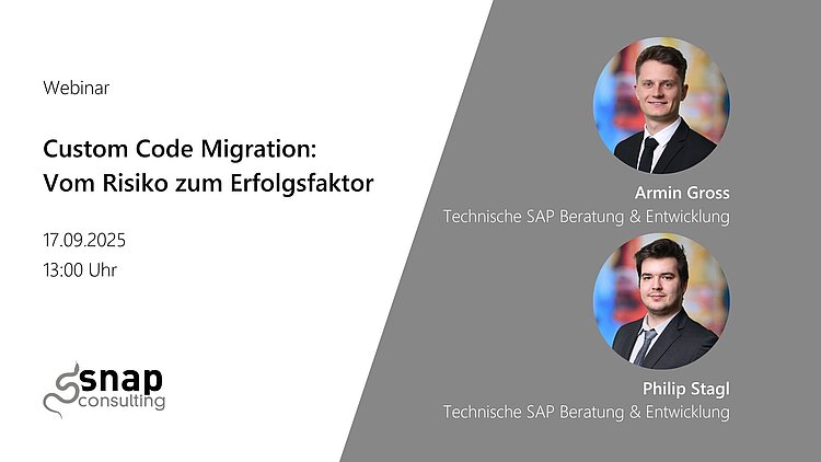 Webinargrafik zum Thema Custom Code Migration mit Armin Gross und Philip Stagl