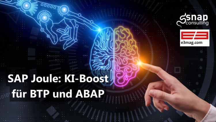 Ein gezeichnetes Gehirn von oben, es ist in zwei Hälften geteilt. Eine ist blau und elektronisch, die andere bunt und chaotisch. Darunter die Überschrift "SAP Joule: KI-Boost für BTP und ABAP"