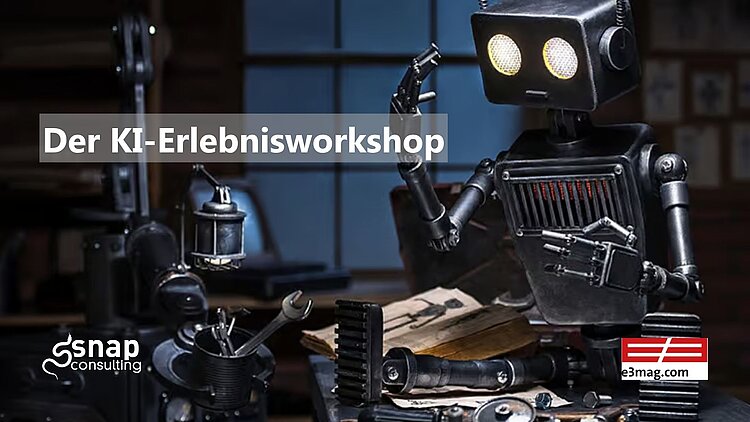 Ein lieber Roboter mit leuchtenden Augen und einer Lampe. Darüber die Überschrift "Der KI-Erlebnisworkshop"