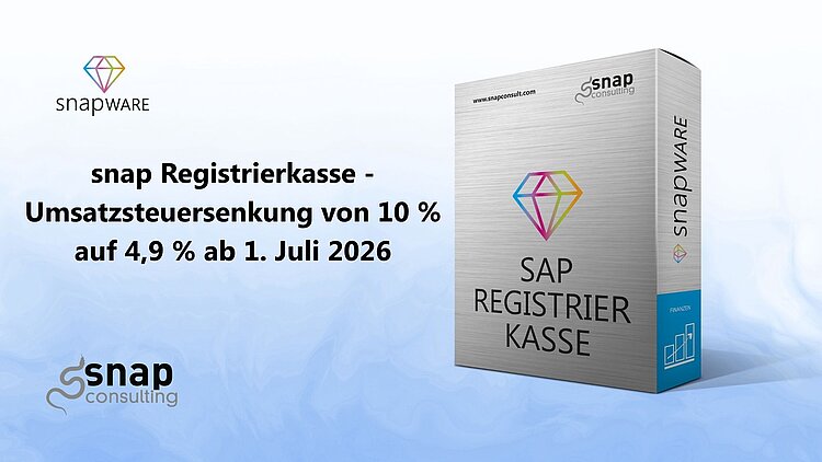 die snapWARE Box zur registrierkasse vor blauem Hintergrund, dazu die Überschrift "Umsatzsteuersenkung von 10 % auf 4,9 % ab 1. Juli 2026"