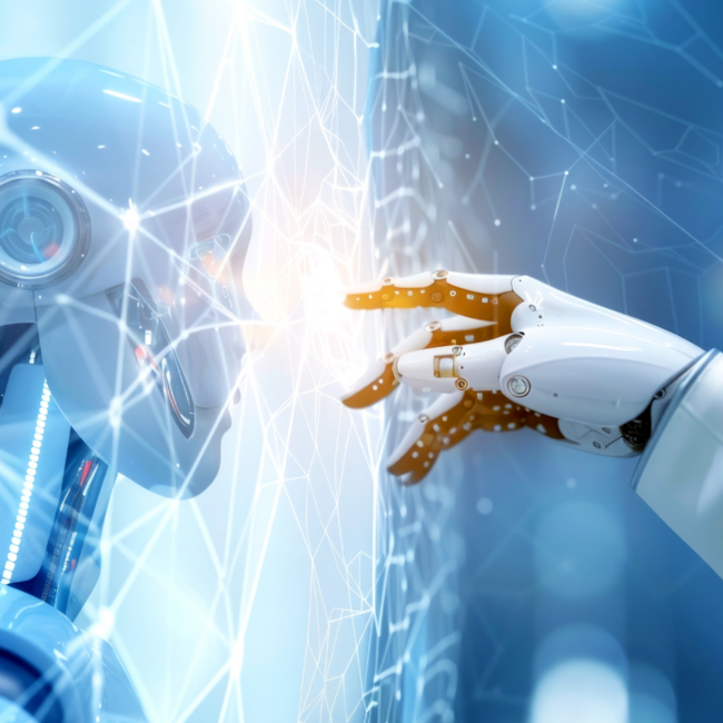 Das Bild ist zweigeteilt, linkt sieht man einen humanisierten Roboter und rechts eine Roboterhand, die vorsichtig in Richtung des anderen Roboters greift.