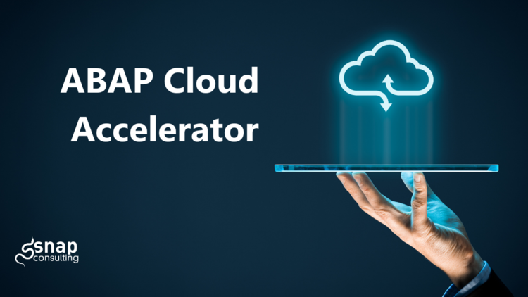 Auf schwarzem Hintergrund ist eine Hand die ein elektronisches Tablet hält abgebildet. Das Tablet bildet eine Wolke ab. Die Überschrift liest "ABAP Cloud Accelerator"