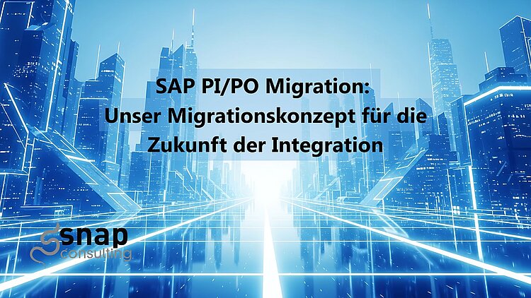 eine futuristische Stadt mit der Überschrift "SAP PI/PO Migration: Unser Migrationskonzept für die Zukunft der Integration"