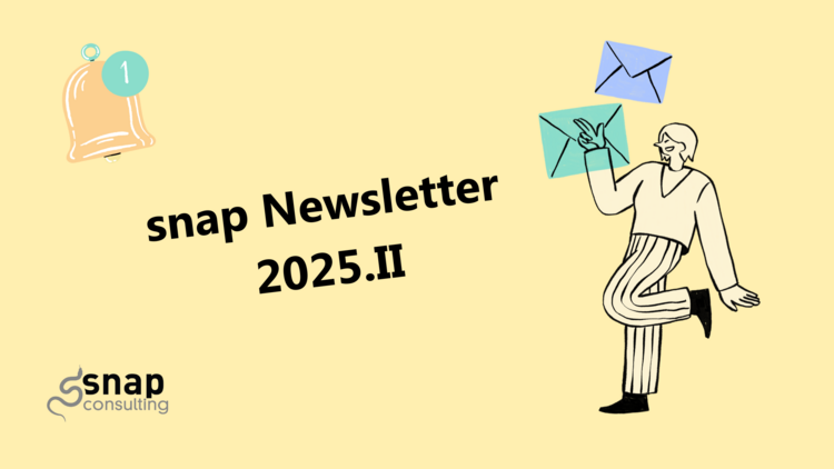 gelber Hintergrund mit einer Notifikations-glocke und einer gezeichneten Figur mit Briefen. Darüber die Überschrift "snap Newsletter 2025.2"
