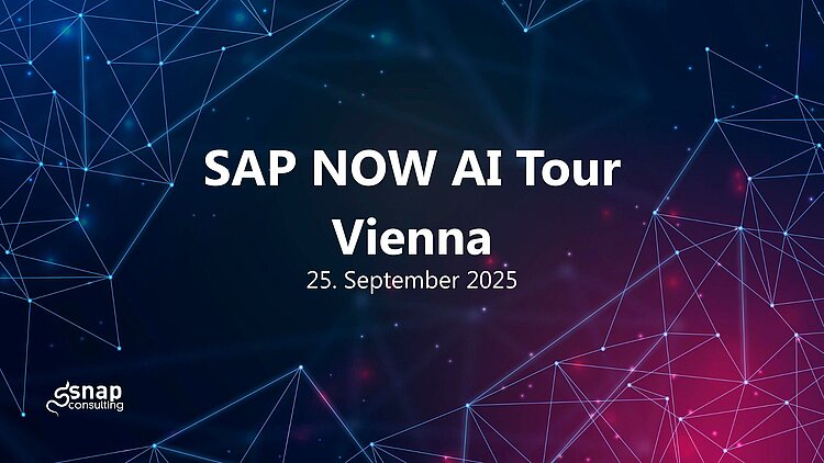 Ein dunkles Hintergrundbild mit Netzwerkabbildungen, darauf die Überschrift "SAP NOW AI Tour Vienna"
