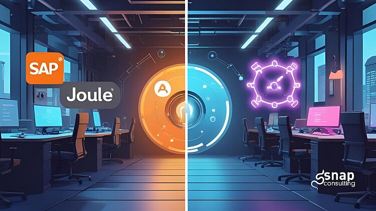 ein futuristischer Arbeitsraum in zwei Hälften geteilt, links orange und rechts blau. Die Schlagworte SAP und Joule stehen links im Bild.