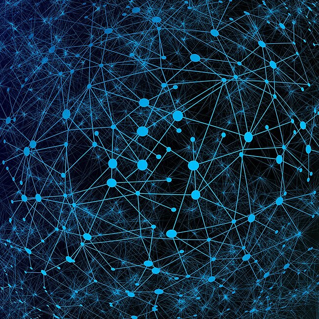 Ein Netzwerk aus blauen Punkten und Strichen auf schwarzem Hintergrund