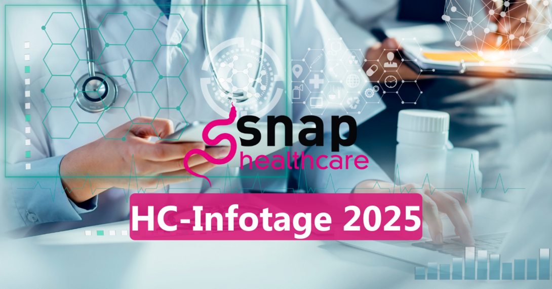 Das snap Logo mit dem Text "HC-Infotage" vor einem medizinischen Hintergrund