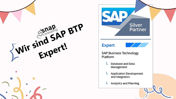 Titelbild mit Confetti und Girlanden mit dem Titel "Wir sind SAP BTP Expert!"