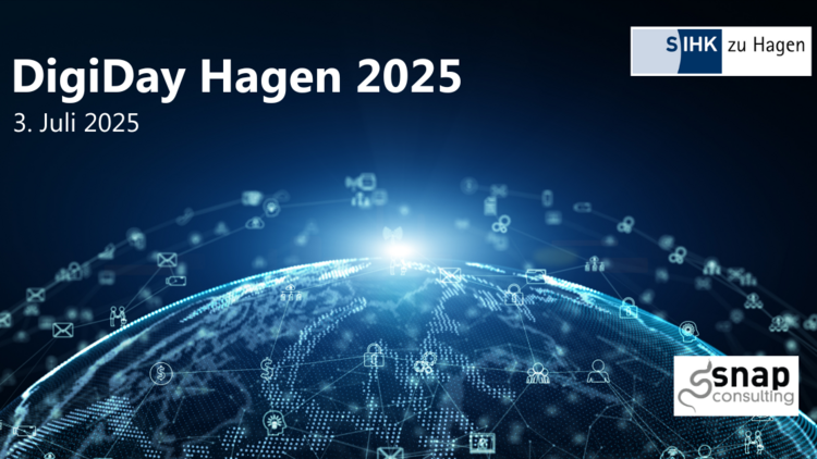 eine Weltkugel, es werden nur die Netzwerkverbindung dargestellt. Darüber die Überschrift "DigiDay Hagen 2025" am 03. Juli 2025