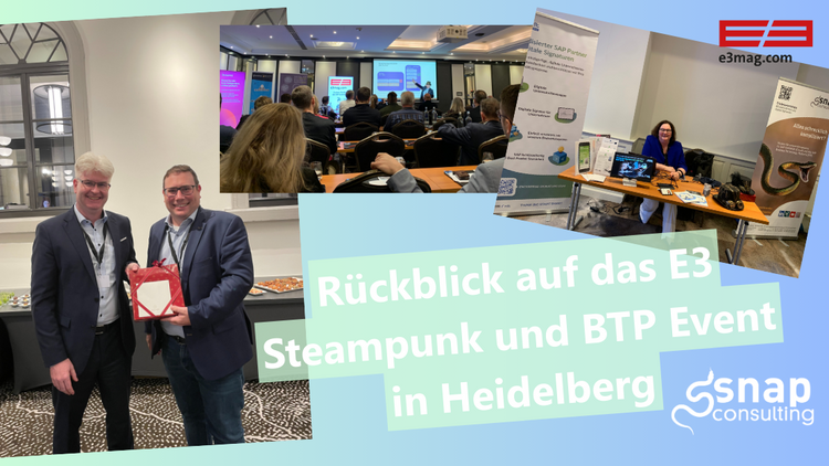 auf Blauem Hintergrund sieht man Bilder von dem Event. Christian Knell bei der Tortenübergabe, das Publikum und unser Stand. Darunter die Überschrift "Rückblick auf das E3 Steampunk und BTP Event in Heidelberg"